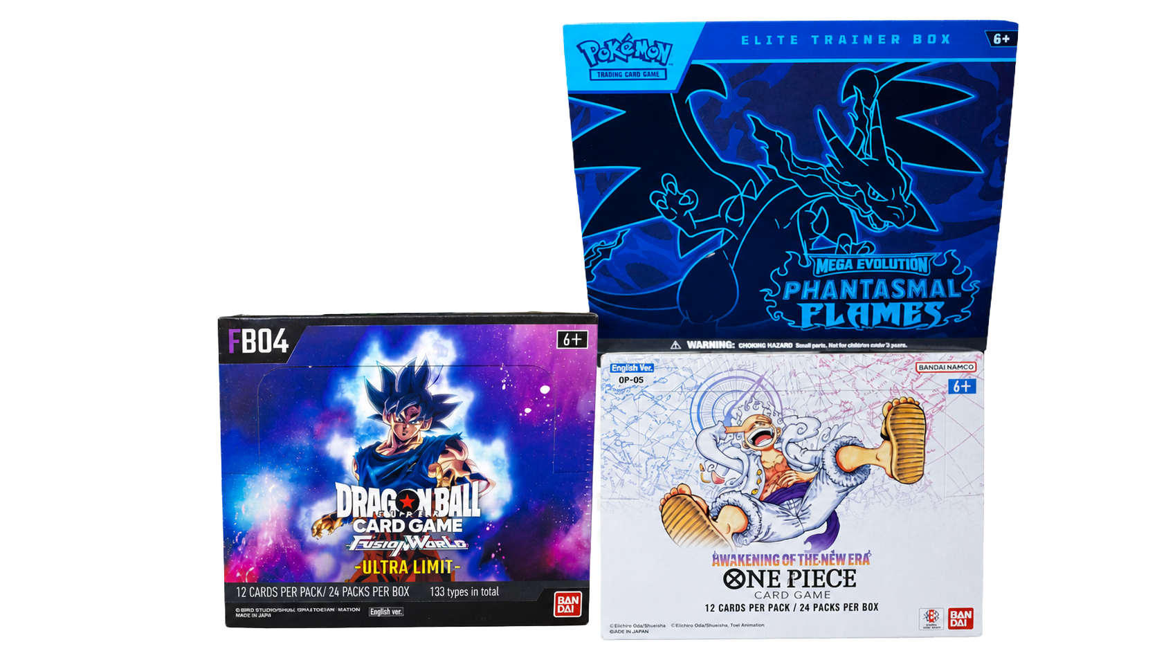 Pokemon, Dragon Ball, and One Piece booster boxes